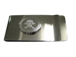 Silver Toned Etched Oval Skull and Crossbones Money Clip