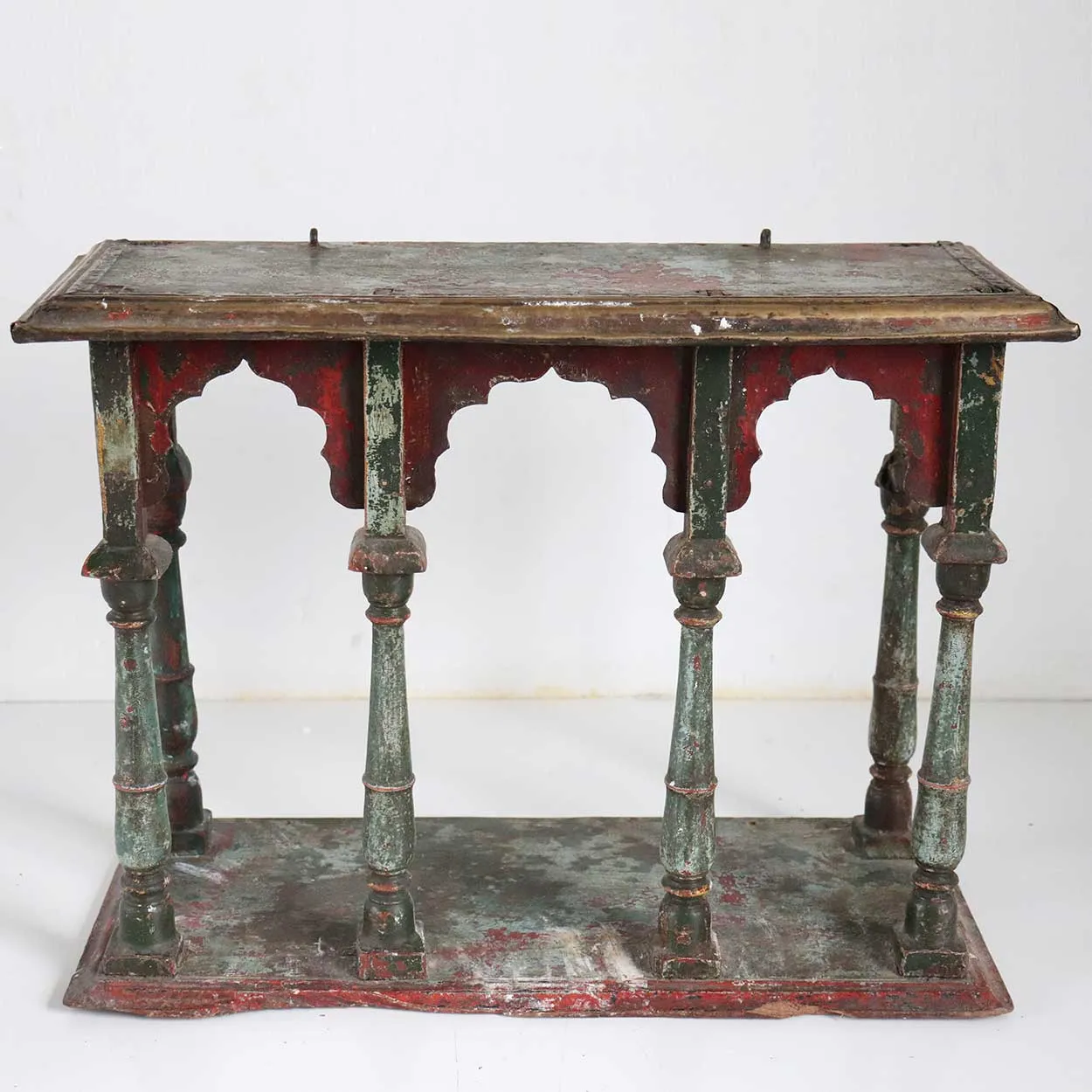 Small Indo-Portuguese Gilt and Painted Teak and Brass Hanging Open Display Shelf