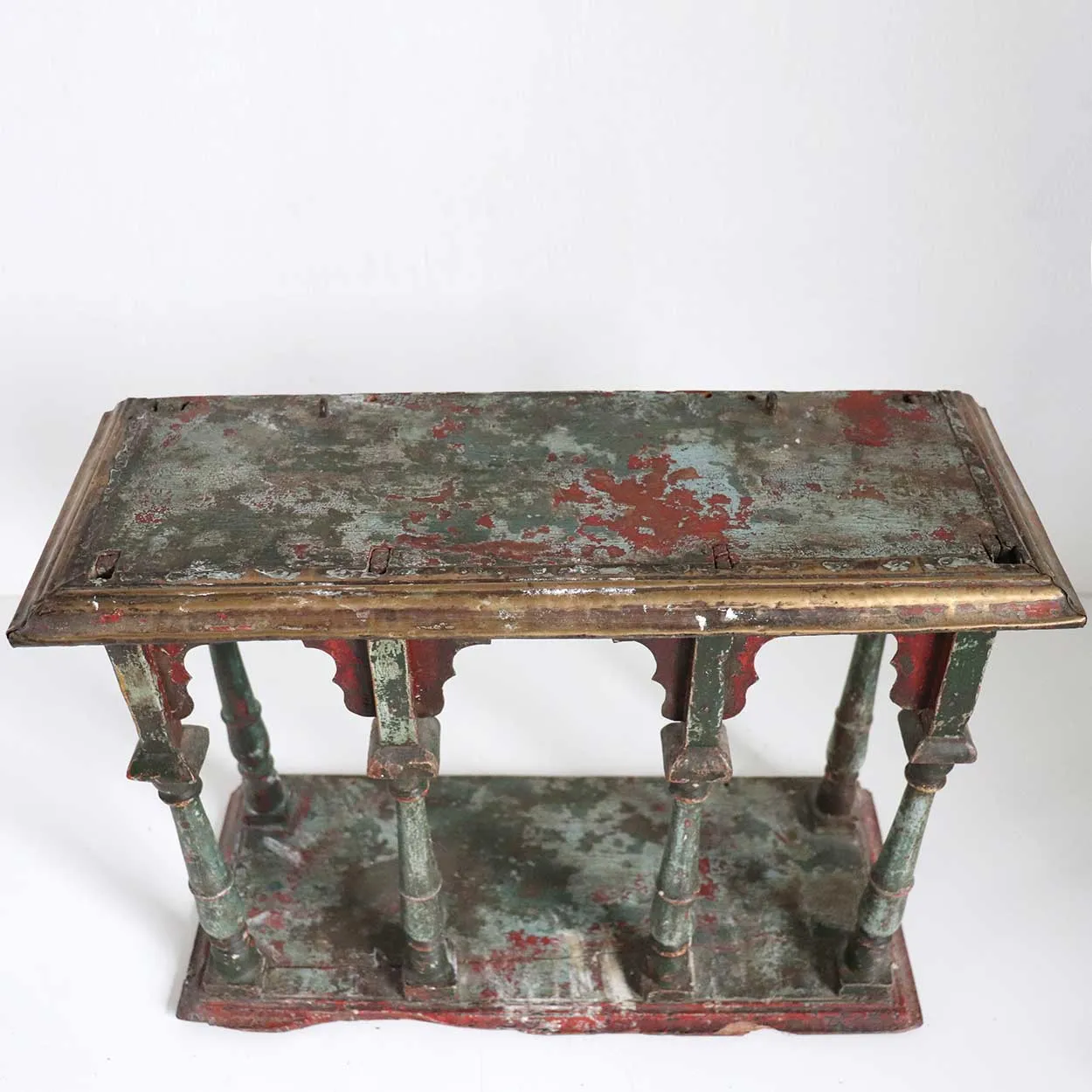 Small Indo-Portuguese Gilt and Painted Teak and Brass Hanging Open Display Shelf