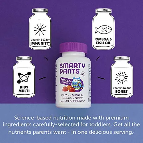 SmartyPants Gummy Vitaminas diarias para niños pequeños: Aceite de pescado multivitamínico, libre de gluten, Omega-3 (EPA/DHA Fatty Acids), vitamina D3, vitamina B12, yodo, vitamina E, 90 unidades (suministro de 30 días), Completo, 1