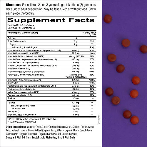 SmartyPants Gummy Vitaminas diarias para niños pequeños: Aceite de pescado multivitamínico, libre de gluten, Omega-3 (EPA/DHA Fatty Acids), vitamina D3, vitamina B12, yodo, vitamina E, 90 unidades (suministro de 30 días), Completo, 1