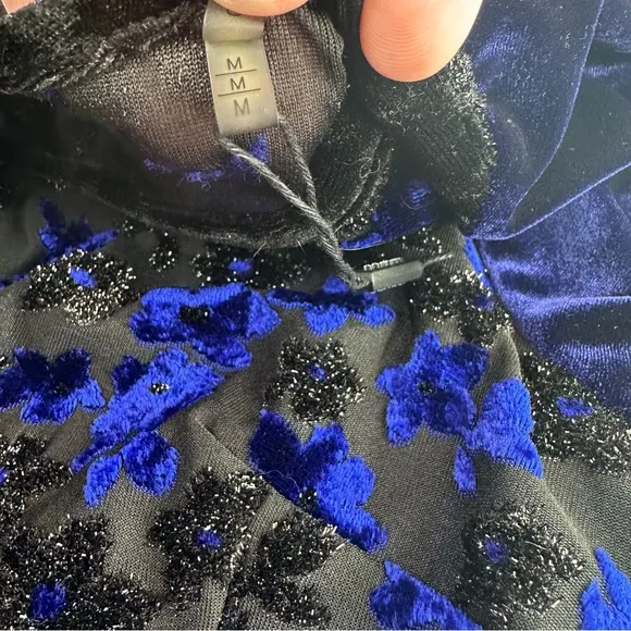 T Tahari Riley Blue Black Floral Shimmer Velvet Short Sleeve Lined Dress NWOT M
