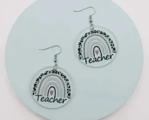 Teacher earrings Rainbow School Teach Leopard Heart School