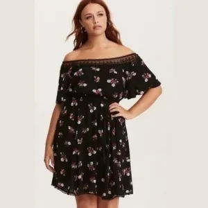 Torrid Black Floral Lace Off The Shoulder Boho Dress 0 Large