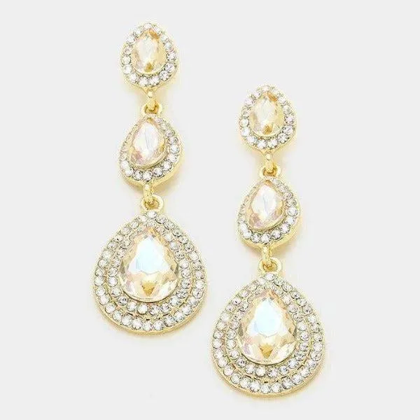 Triple Glass Crystal Faux Topaz Gold Earrings
