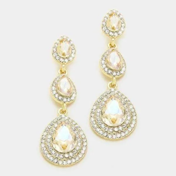 Triple Glass Crystal Faux Topaz Gold Earrings