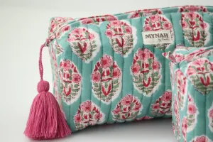 'TURQUOISE BOUQUET' hand block printed, quilted travel/makeup zipper pouch-LARGE only (Copy)