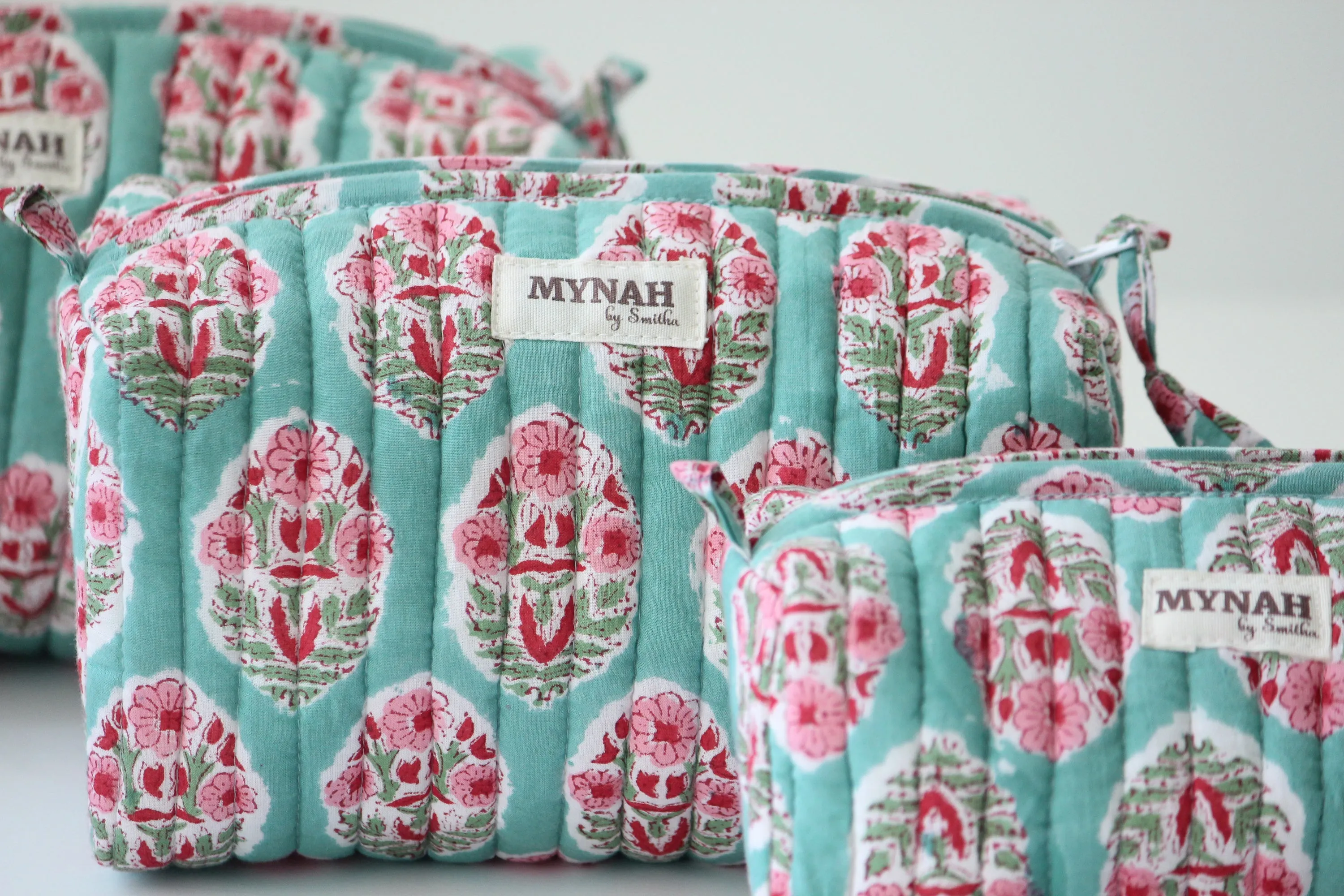 'TURQUOISE BOUQUET' hand block printed, quilted travel/makeup zipper pouch-LARGE only (Copy)