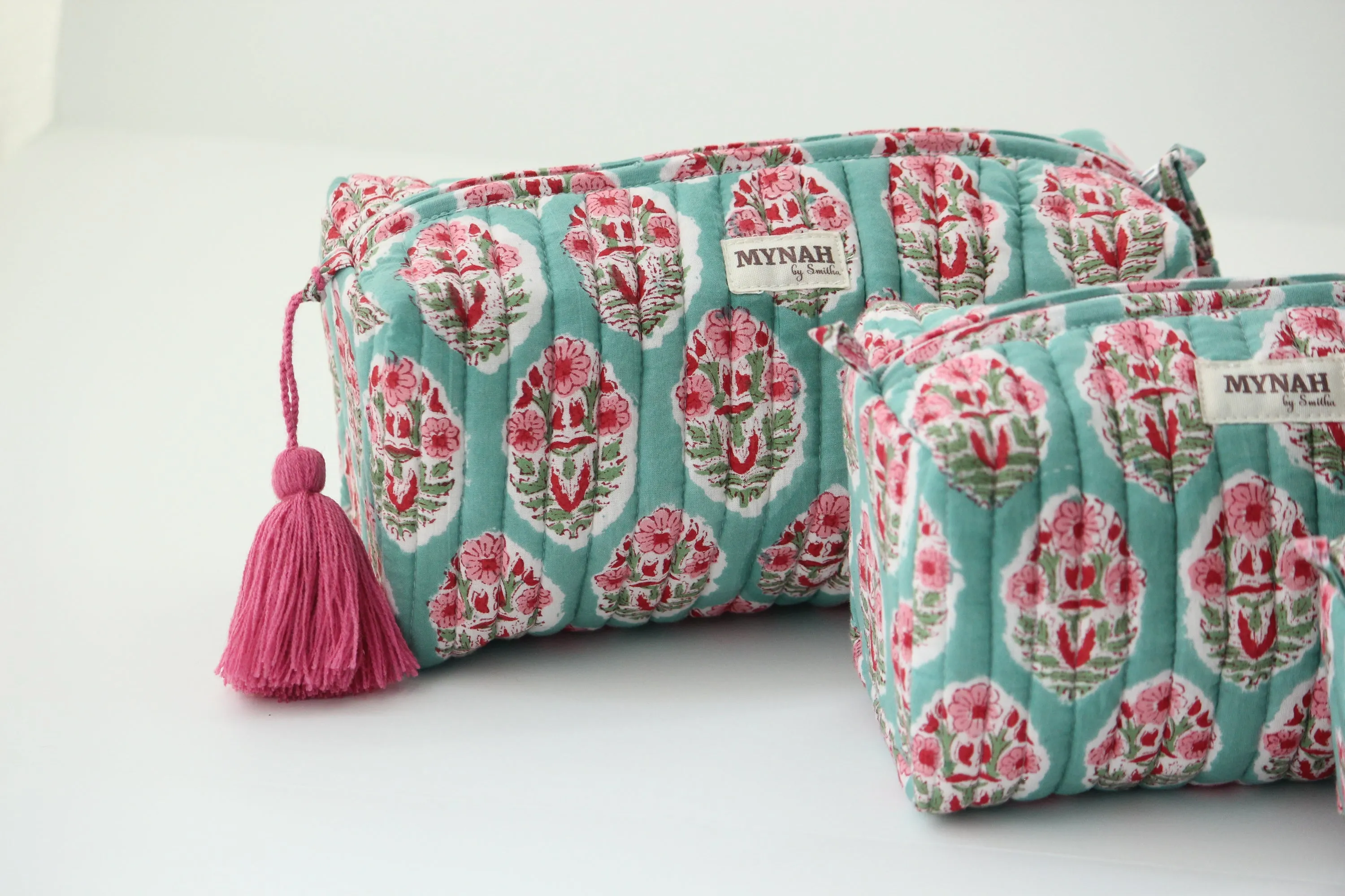 'TURQUOISE BOUQUET' hand block printed, quilted travel/makeup zipper pouch-LARGE only (Copy)