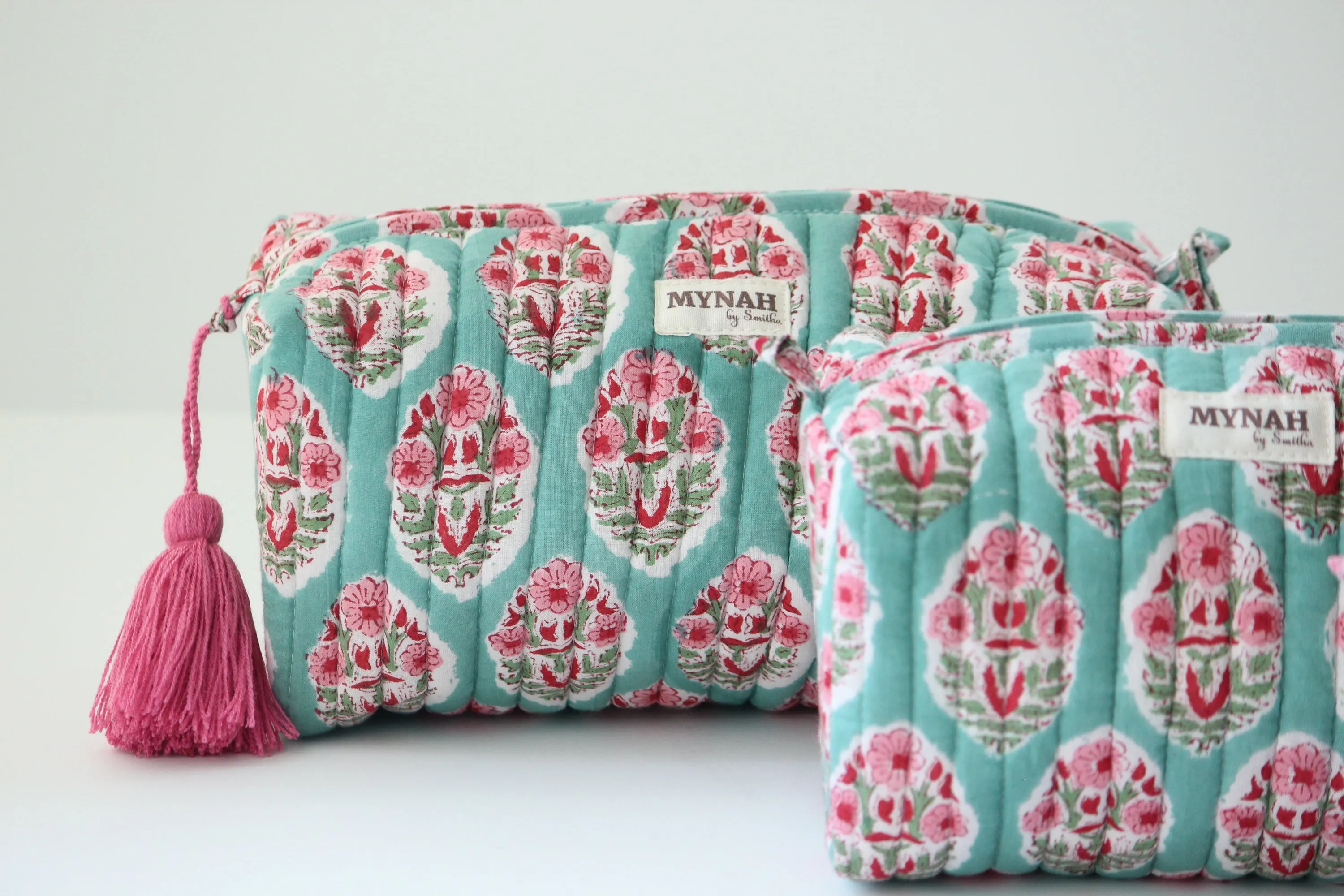 'TURQUOISE BOUQUET' hand block printed, quilted travel/makeup zipper pouch-LARGE only (Copy)
