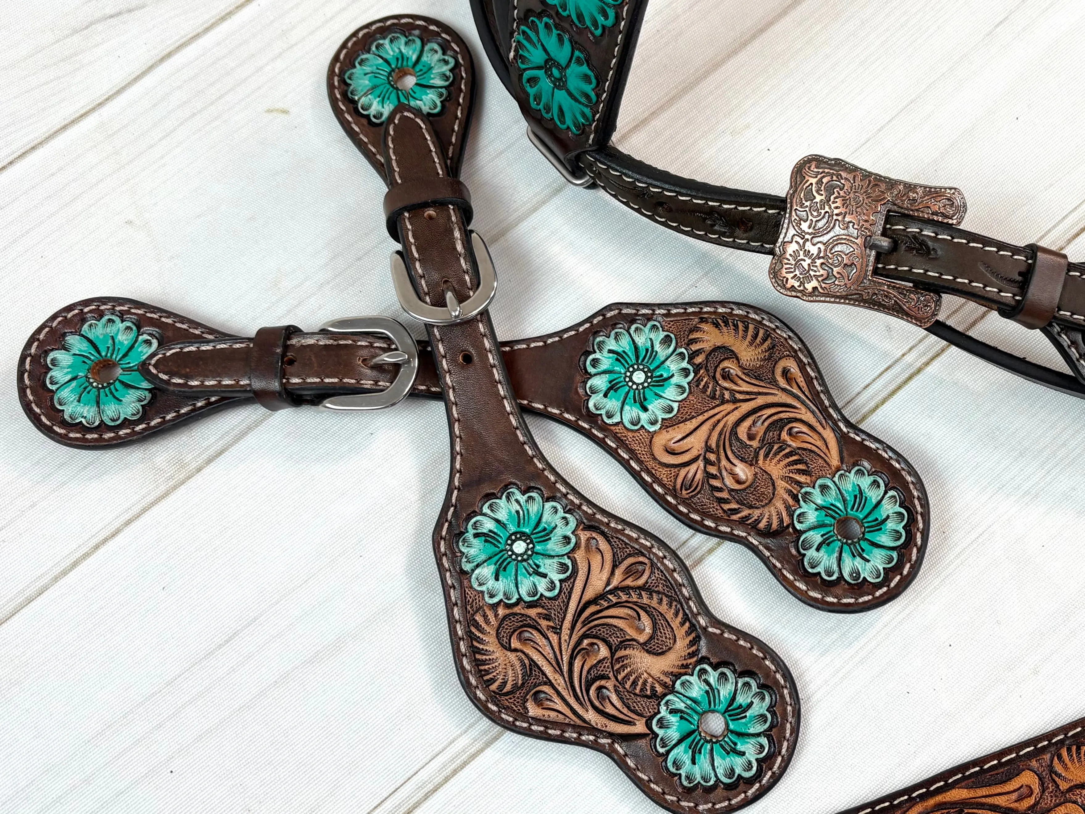 Turquoise Flower Tooled Leather Spur Straps