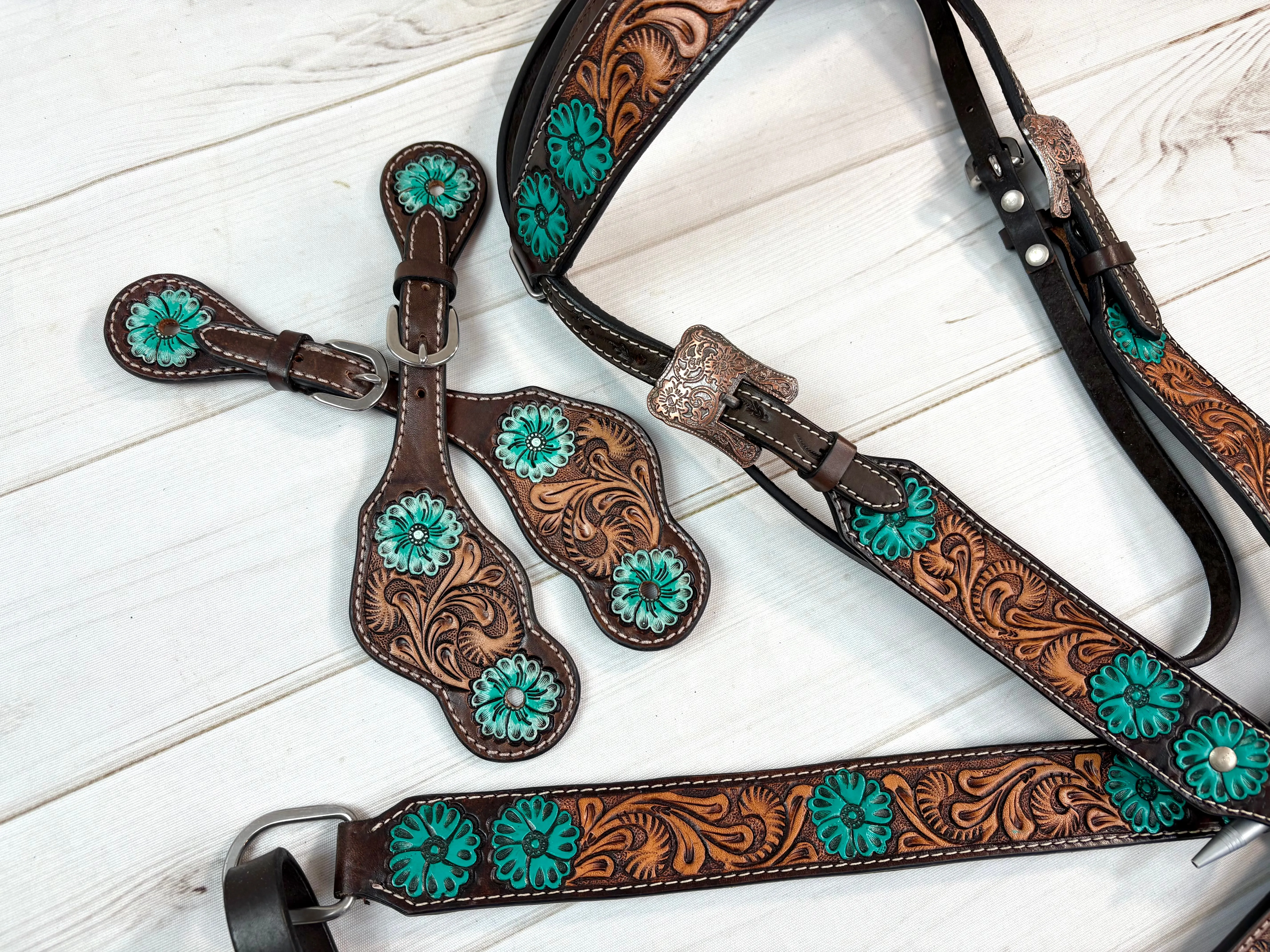 Turquoise Flower Tooled Leather Spur Straps