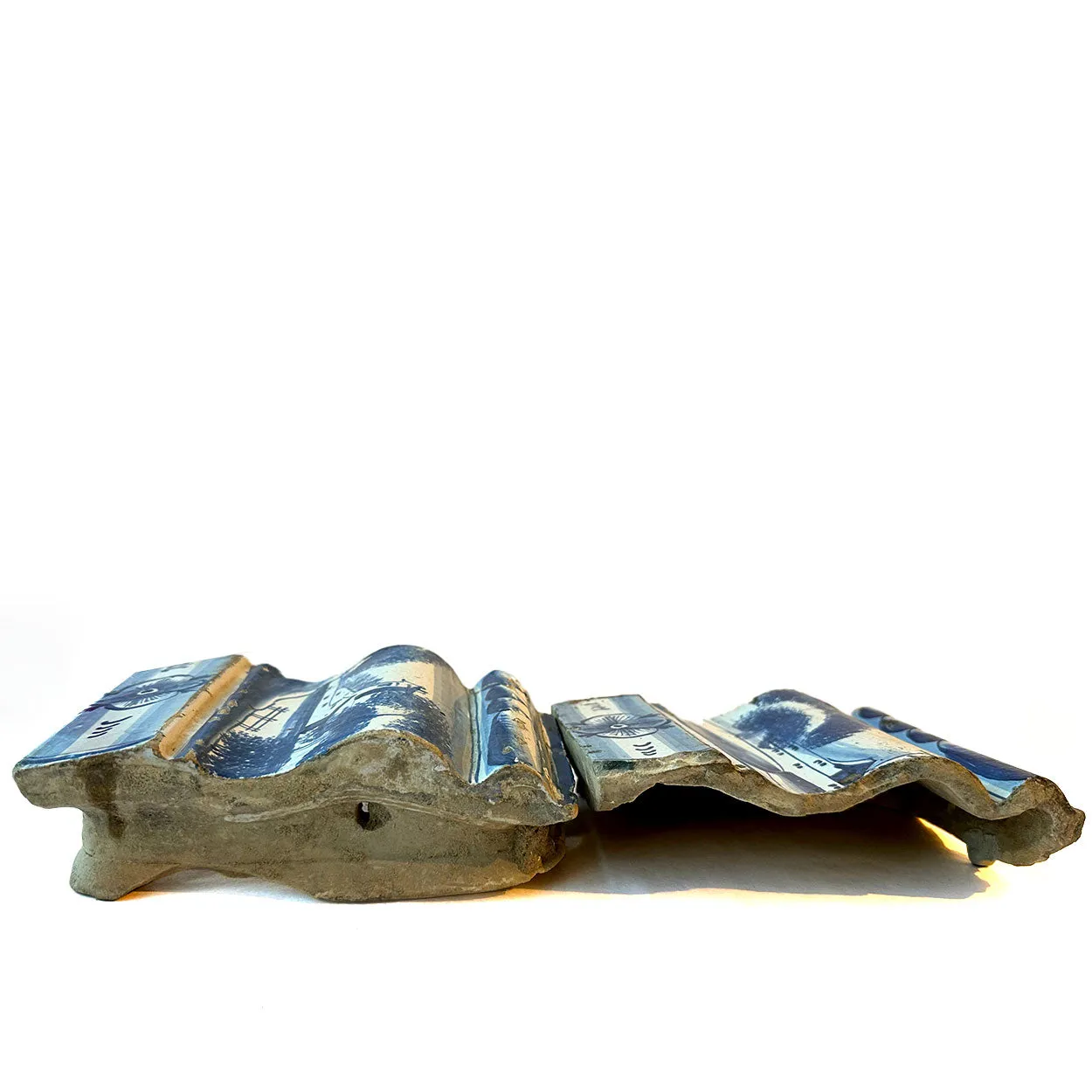 Two Dutch Baroque Delft Blue and White Pottery Tile Architectural Trim Fragments