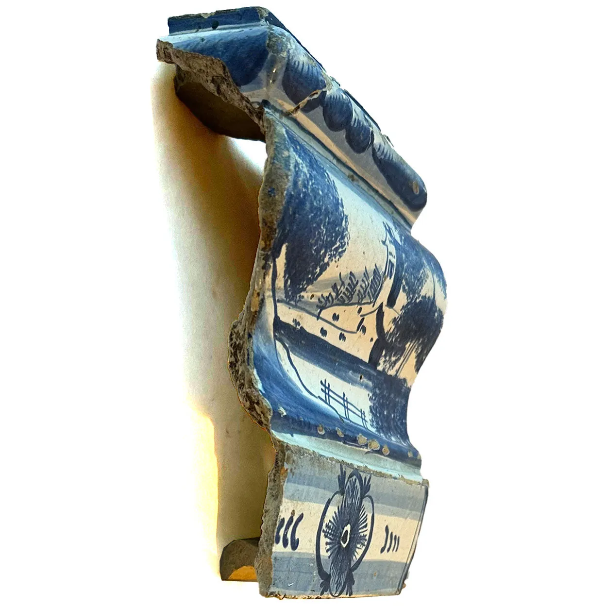 Two Dutch Baroque Delft Blue and White Pottery Tile Architectural Trim Fragments