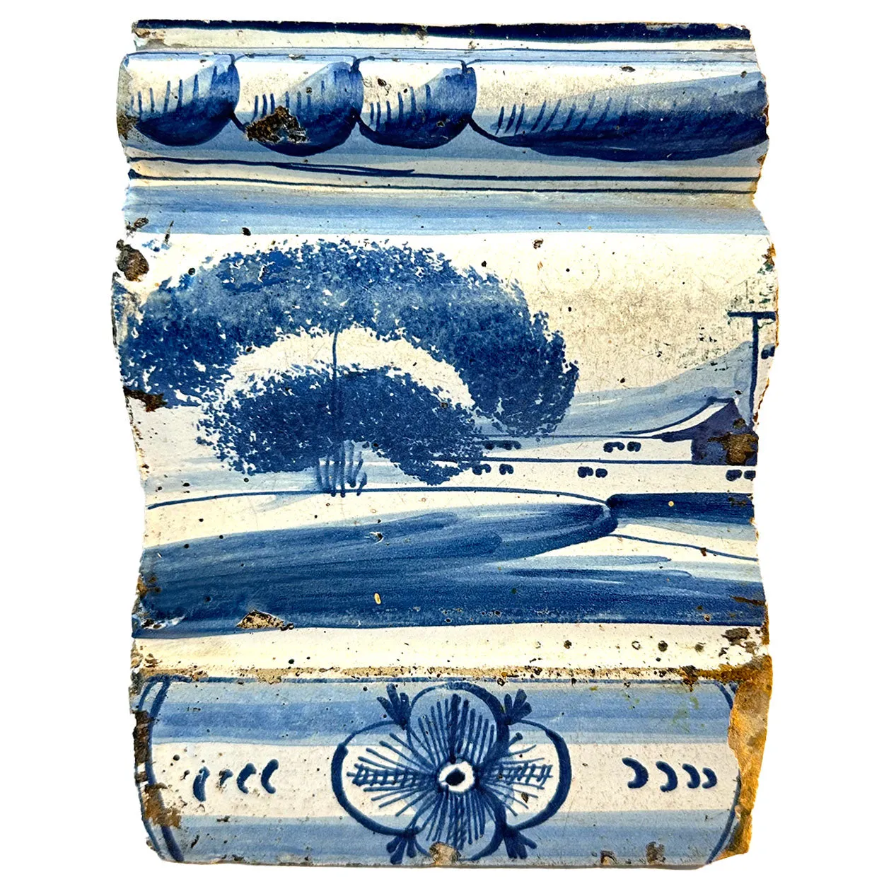 Two Dutch Baroque Delft Blue and White Pottery Tile Architectural Trim Fragments