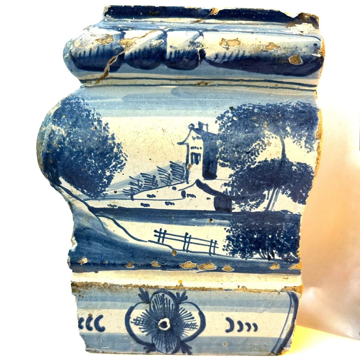Two Dutch Baroque Delft Blue and White Pottery Tile Architectural Trim Fragments
