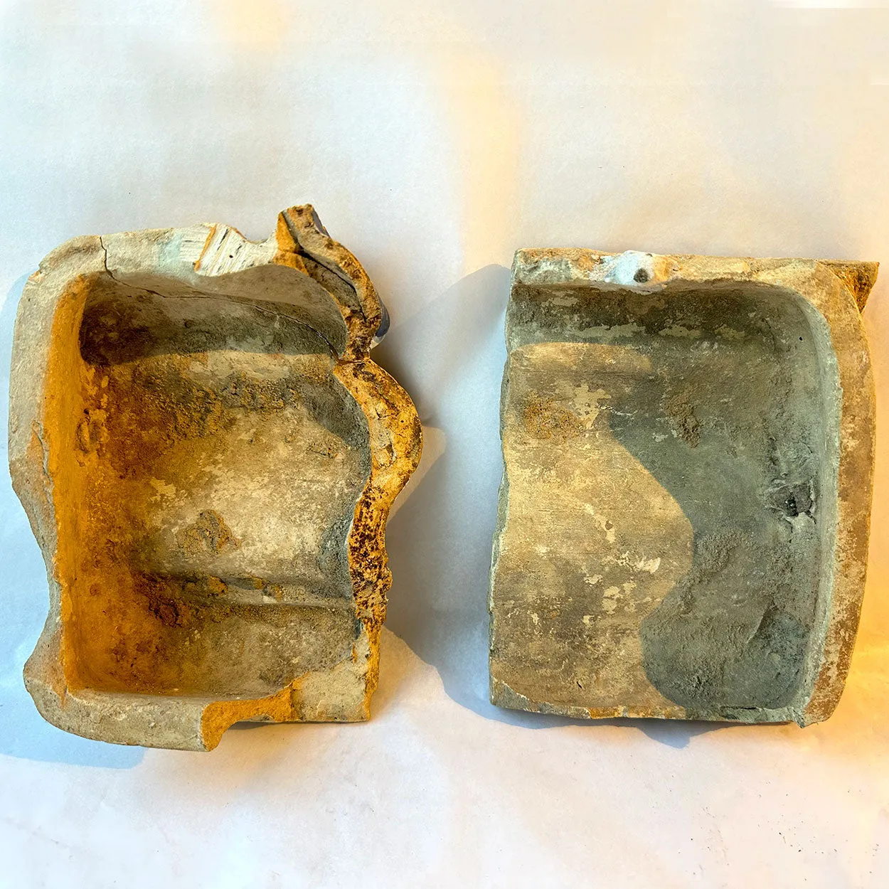 Two Dutch Baroque Delft Blue and White Pottery Tile Architectural Trim Fragments