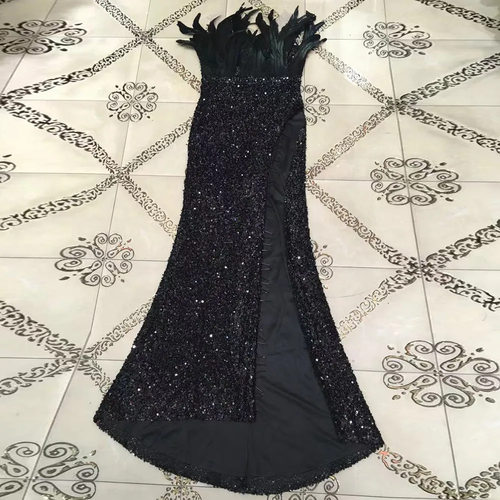 V Neck Sleeveless Feather Maxi Bodycon Dress