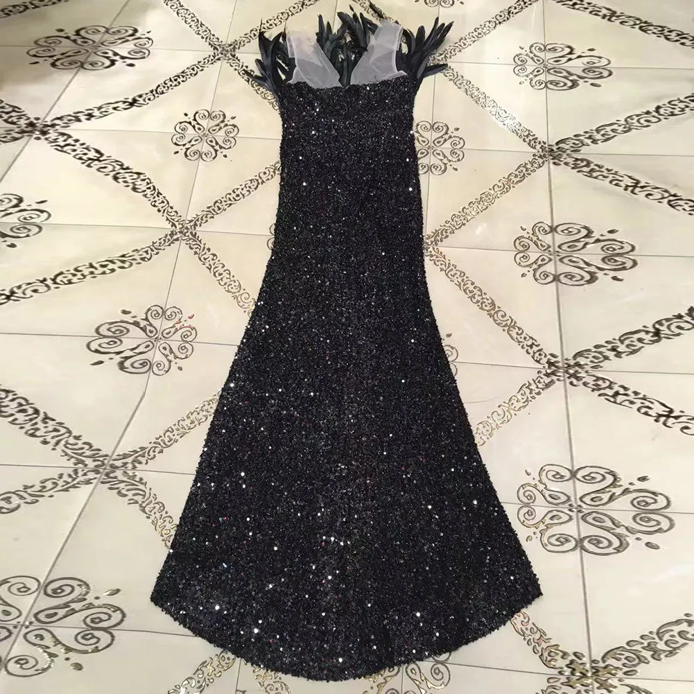 V Neck Sleeveless Feather Maxi Bodycon Dress