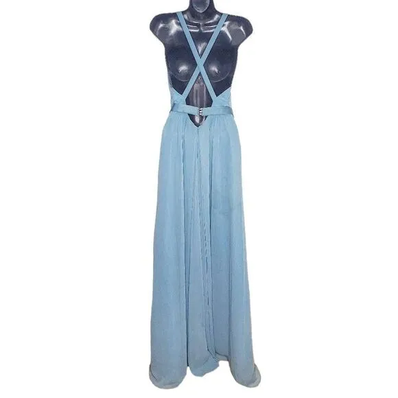 Vera Wang White Mist Blue Long Tank V Neck Chiffon Dress Low Crisscross Back 2