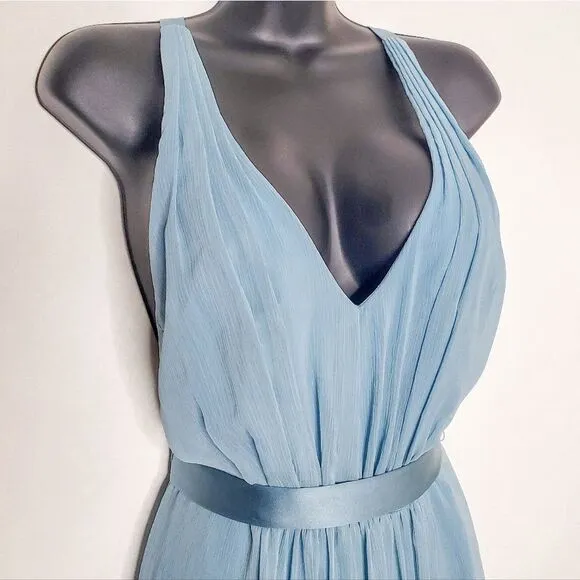 Vera Wang White Mist Blue Long Tank V Neck Chiffon Dress Low Crisscross Back 2