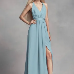 Vera Wang White Mist Blue Long Tank V Neck Chiffon Dress Low Crisscross Back 2