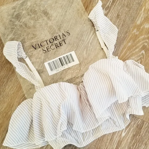 Victoria's Secret Striped Ruffle Bra Bralette Bandeau Crop Top Bustier NWT 32B