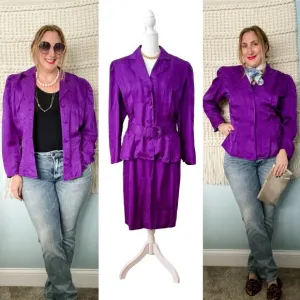 Vintage 100% silk reptile embossed belted jacket/blouse &amp; skirt set size M 8/10