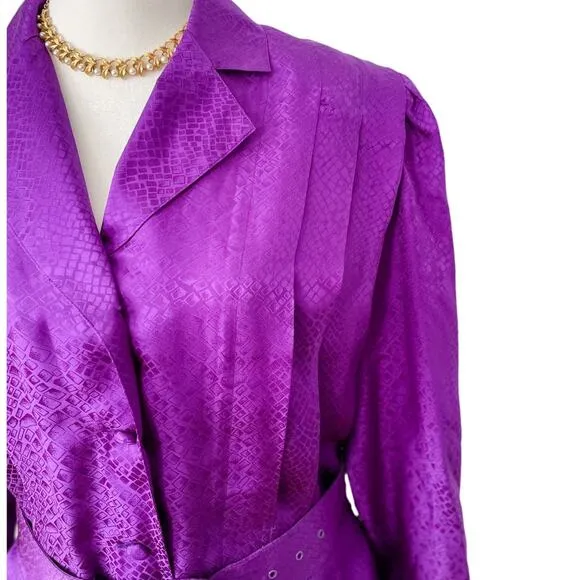 Vintage 100% silk reptile embossed belted jacket/blouse &amp; skirt set size M 8/10