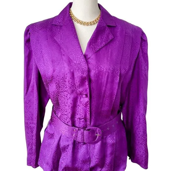 Vintage 100% silk reptile embossed belted jacket/blouse &amp; skirt set size M 8/10
