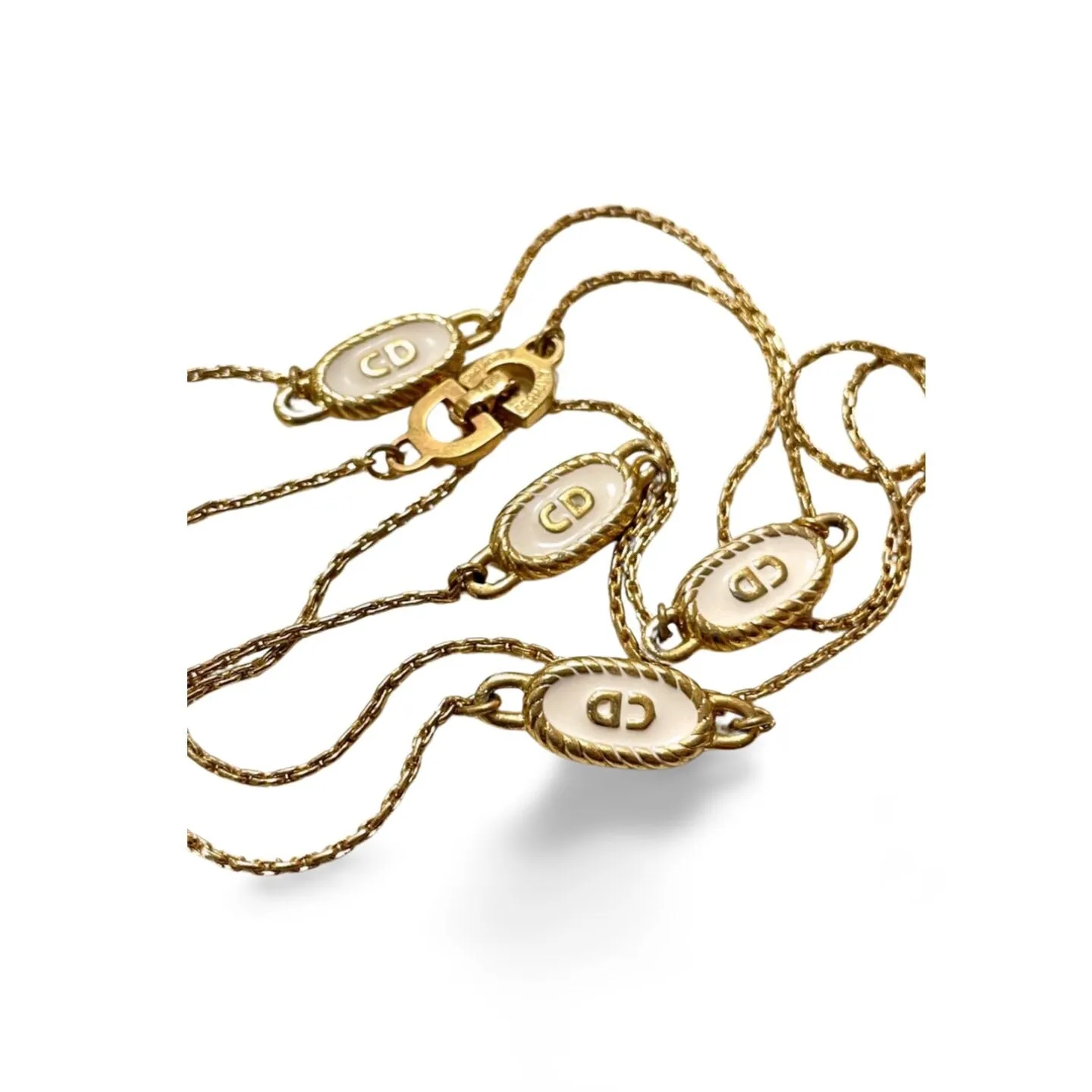 Vintage Christian Dior skinny golden chain necklace with gold and white oval CD charms. Classic Dior jewelry. Long necklace. 060130ac2