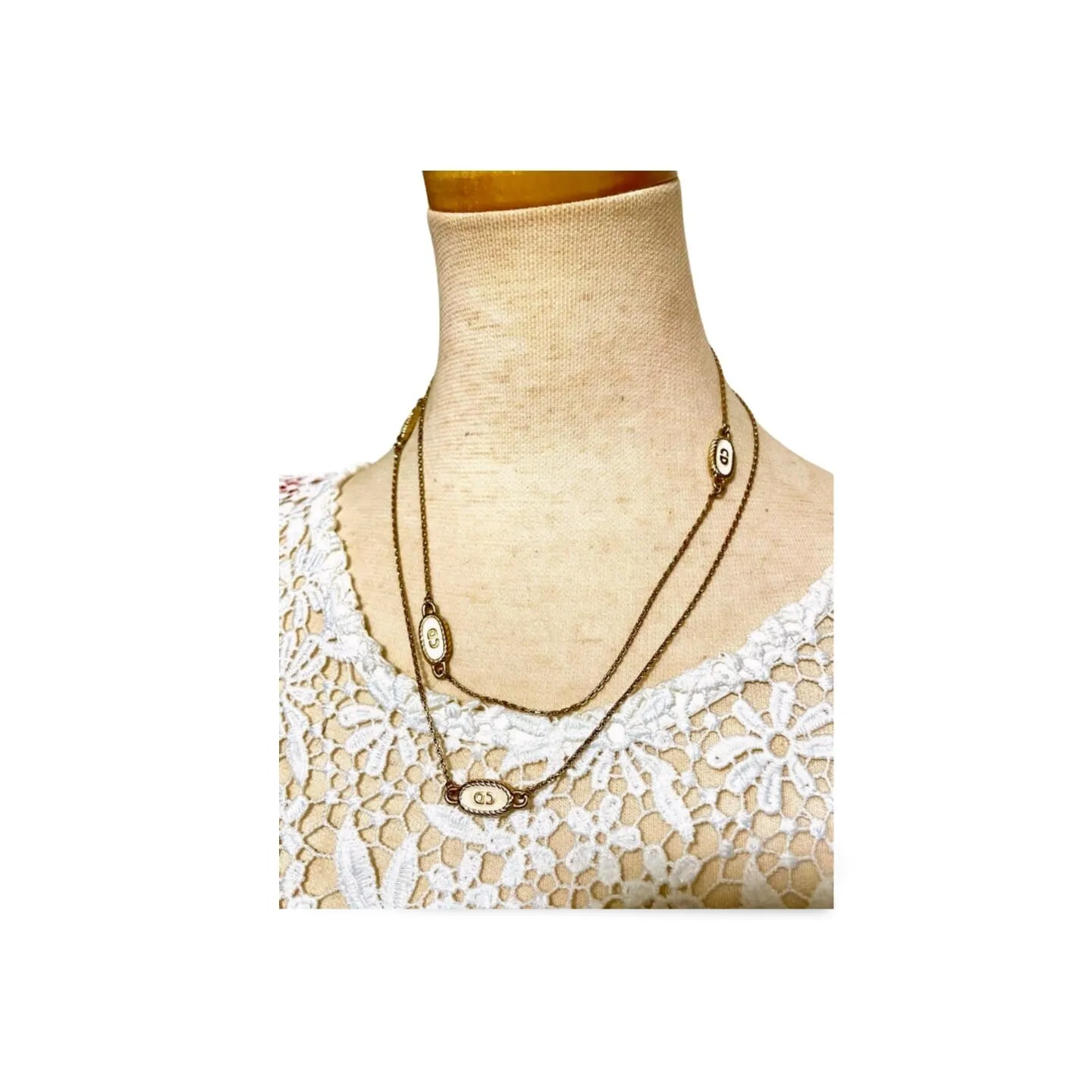 Vintage Christian Dior skinny golden chain necklace with gold and white oval CD charms. Classic Dior jewelry. Long necklace. 060130ac2