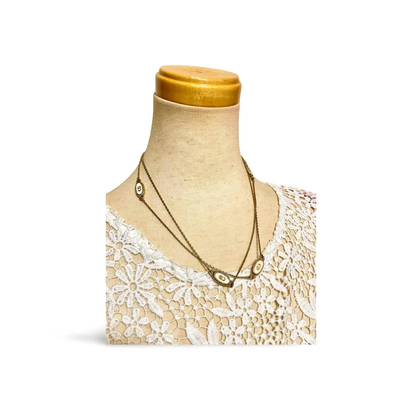 Vintage Christian Dior skinny golden chain necklace with gold and white oval CD charms. Classic Dior jewelry. Long necklace. 060130ac2