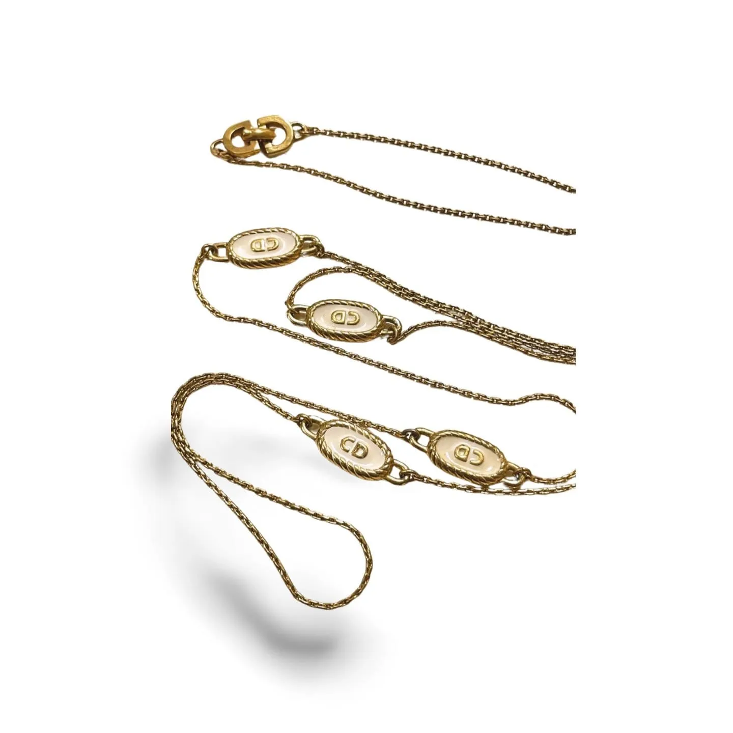 Vintage Christian Dior skinny golden chain necklace with gold and white oval CD charms. Classic Dior jewelry. Long necklace. 060130ac2