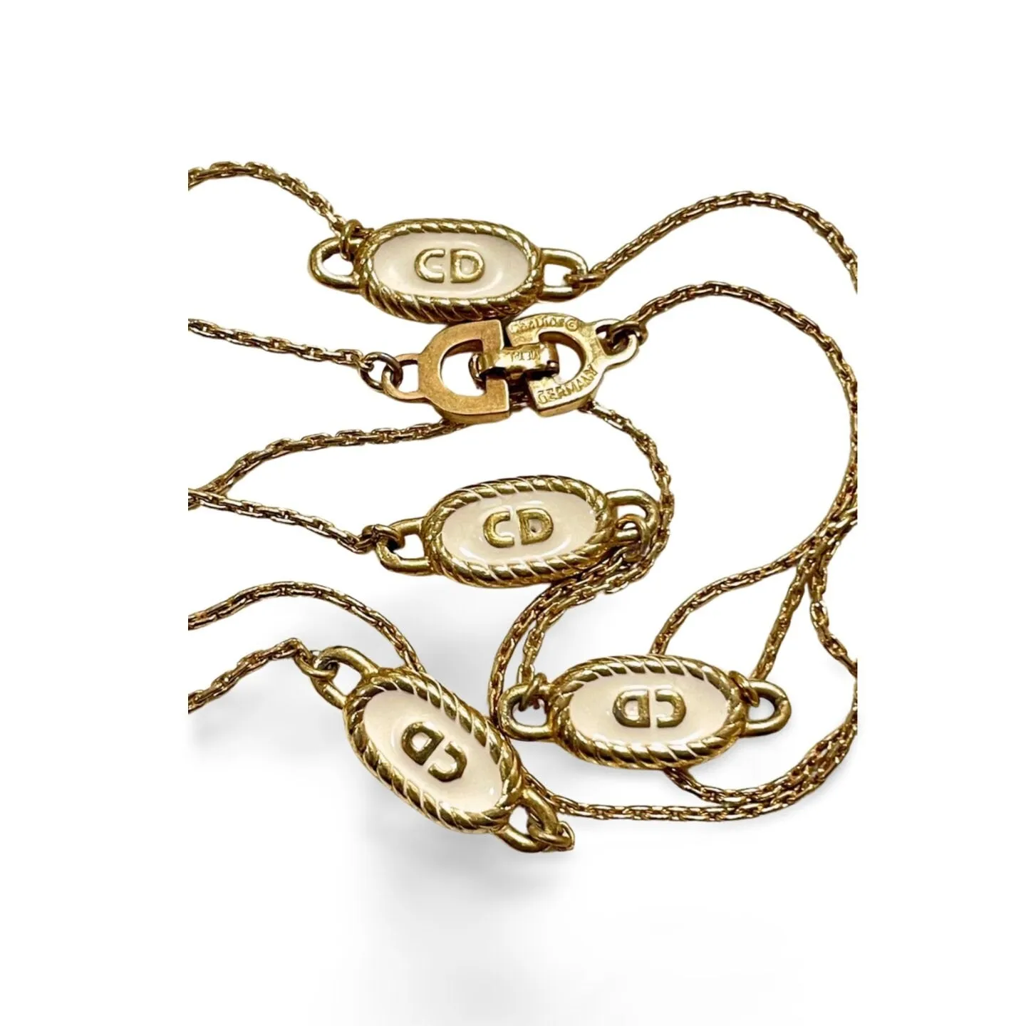 Vintage Christian Dior skinny golden chain necklace with gold and white oval CD charms. Classic Dior jewelry. Long necklace. 060130ac2