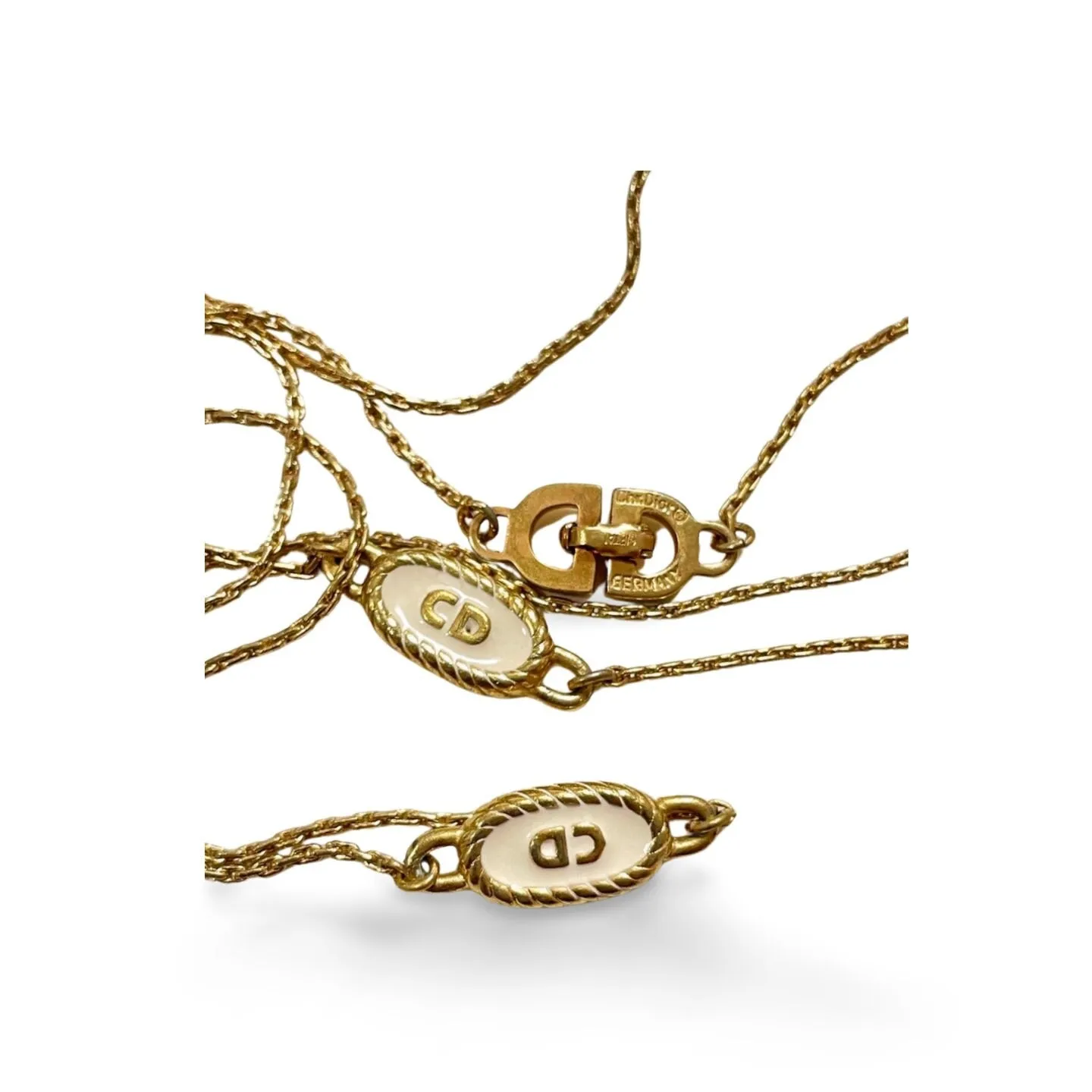 Vintage Christian Dior skinny golden chain necklace with gold and white oval CD charms. Classic Dior jewelry. Long necklace. 060130ac2