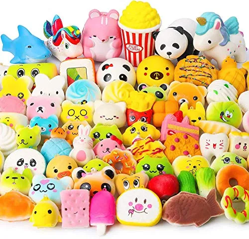 WATINC Random 70Pcs Squeeze Toys, Birthday Gifts for Kids Party Favors, Slow Rising Simulation Bread Squeeze Stress Relief Toys Goodie Bags Egg