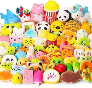 WATINC Random 70Pcs Squeeze Toys, Birthday Gifts for Kids Party Favors, Slow Rising Simulation Bread Squeeze Stress Relief Toys Goodie Bags Egg