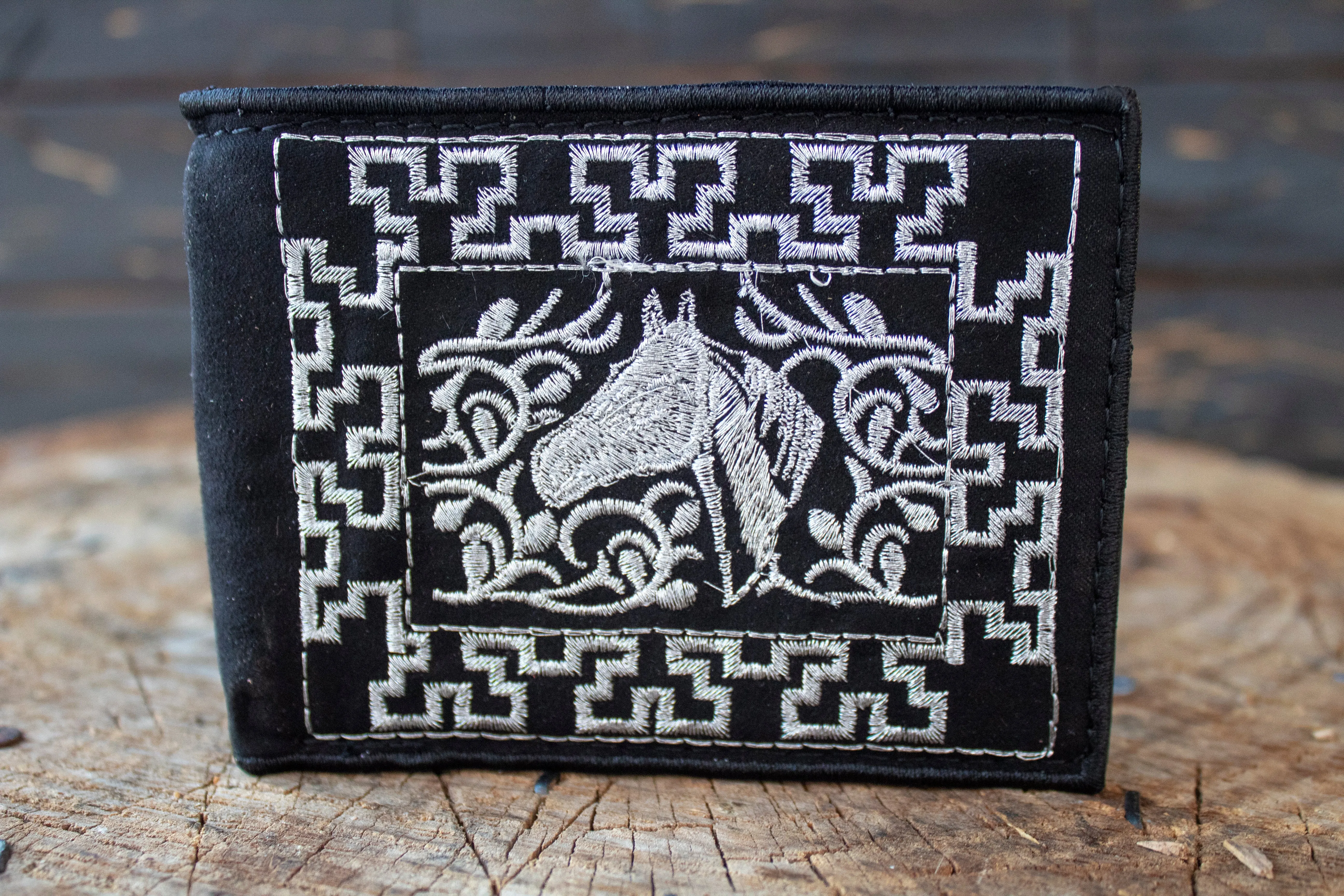 WESTERN BLACK LEATHER EMBROIDERED HORSE BIFOLD WALLET