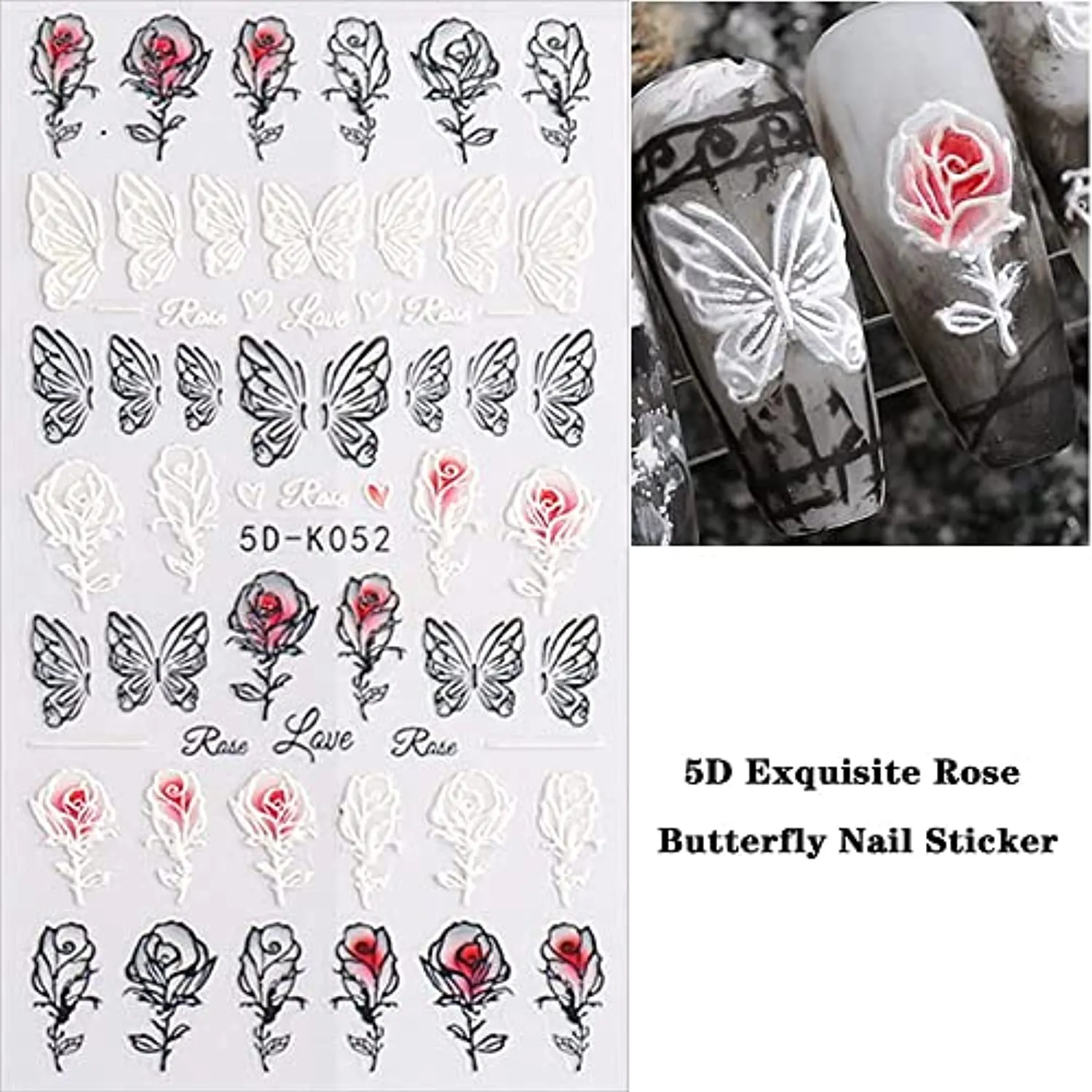 White Flower Nail Art Stickers Decals 6PCS 5D Nail Stickers Nail Art Supplies Black White Embossed Flower Butterfly Nail Art Design Self-Adhesive Nail Decals for Nail Art Decorations Manicure Decor