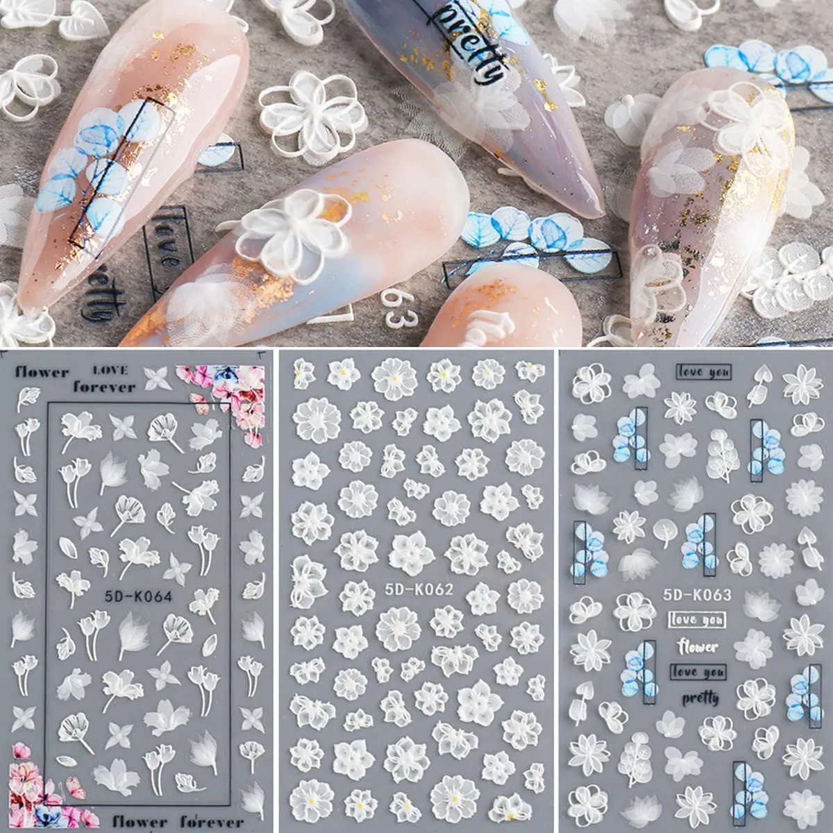 White Flower Nail Art Stickers Decals 6PCS 5D Nail Stickers Nail Art Supplies Black White Embossed Flower Butterfly Nail Art Design Self-Adhesive Nail Decals for Nail Art Decorations Manicure Decor