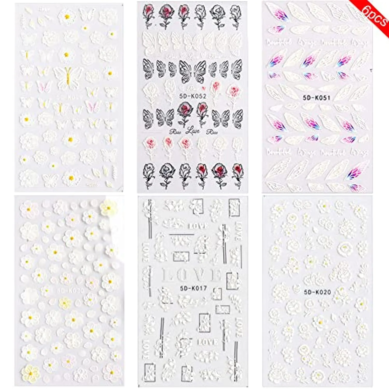 White Flower Nail Art Stickers Decals 6PCS 5D Nail Stickers Nail Art Supplies Black White Embossed Flower Butterfly Nail Art Design Self-Adhesive Nail Decals for Nail Art Decorations Manicure Decor
