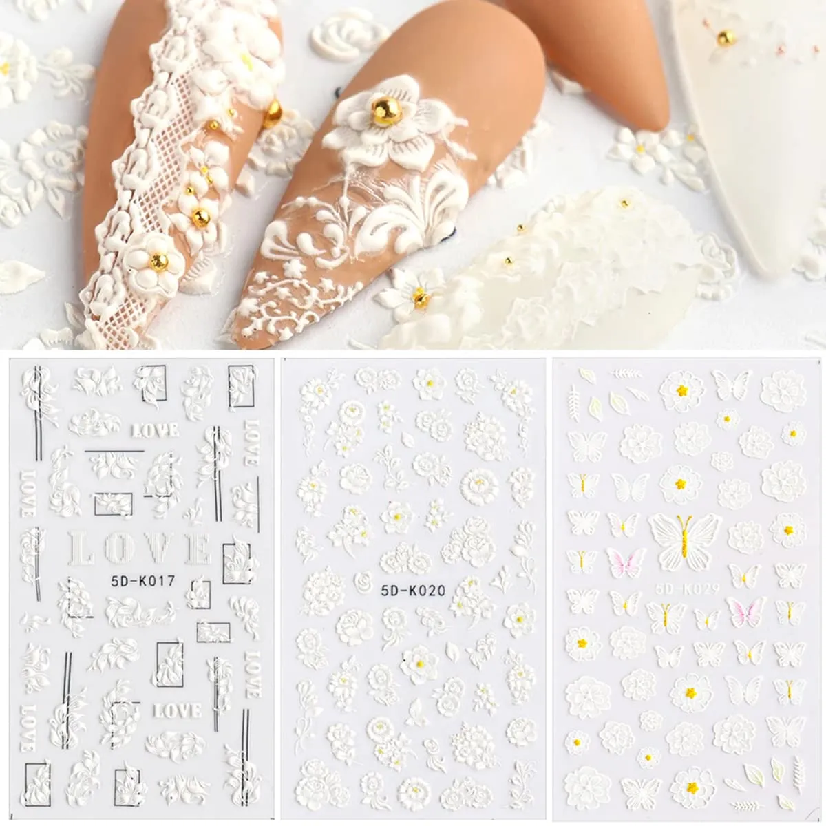 White Flower Nail Art Stickers Decals 6PCS 5D Nail Stickers Nail Art Supplies Black White Embossed Flower Butterfly Nail Art Design Self-Adhesive Nail Decals for Nail Art Decorations Manicure Decor