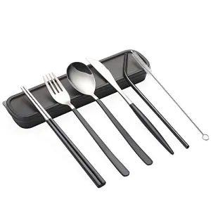 WORTHBUY Portable Cutlery Setwith Case, Travel Camping Utensil set, 7-Piece Including Knife Fork Spoon Chopsticks Cleaning Brush Straws Organizer Box, Stainless Steel Flatware Set(Black)