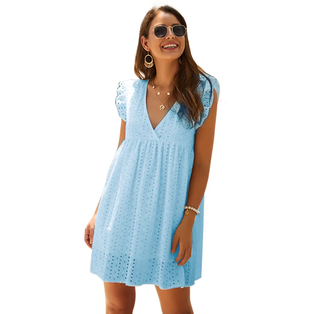 XIEYINSHE  Cross Border  Wish Independent Station New OL Women's Commuting Wear V-neck Short Sleeve Lace Dress