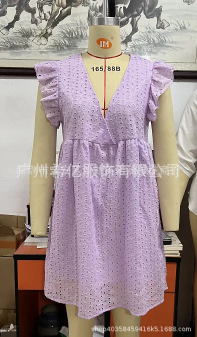 XIEYINSHE  Cross Border  Wish Independent Station New OL Women's Commuting Wear V-neck Short Sleeve Lace Dress