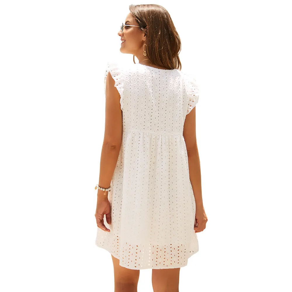 XIEYINSHE  Cross Border  Wish Independent Station New OL Women's Commuting Wear V-neck Short Sleeve Lace Dress