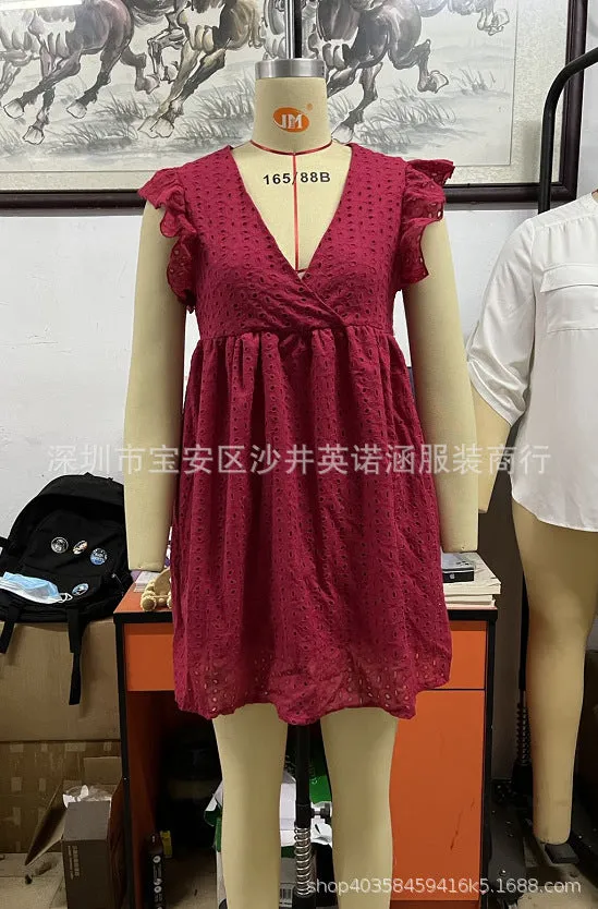 XIEYINSHE  Cross Border  Wish Independent Station New OL Women's Commuting Wear V-neck Short Sleeve Lace Dress