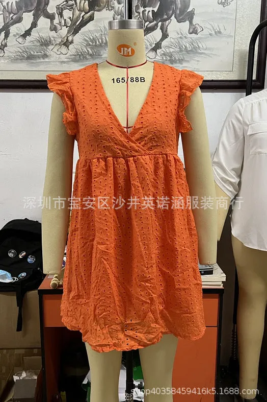 XIEYINSHE  Cross Border  Wish Independent Station New OL Women's Commuting Wear V-neck Short Sleeve Lace Dress