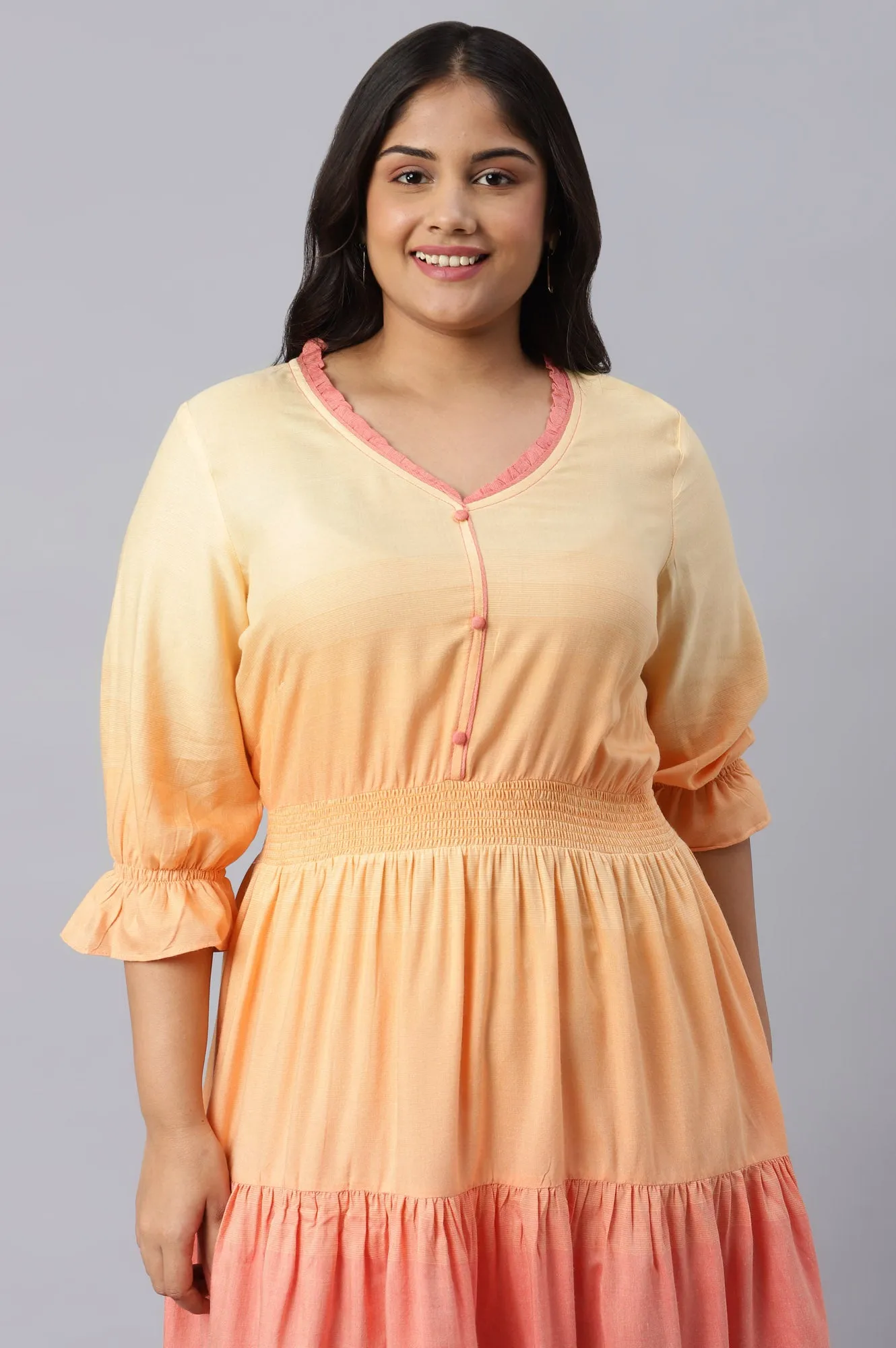Yellow Plus Size Dress with Smoking Detail